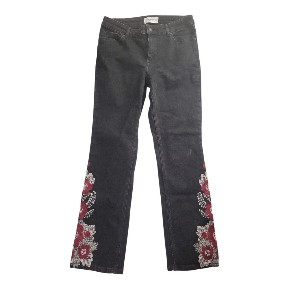 Mango Black Floral Embroidered Jeans 8 Whimsigoth Cottagecore Boho Rose